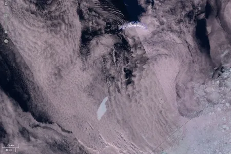 A satellite image shows the A68a iceberg in the lower left. The chunk of ice looks a bit like a pointed finger, and scientists say it's currently on a path to collide with the British Overseas Territory of South Georgia. 