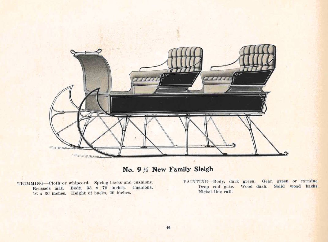 Turn of the 20th century illustration of sleigh with two bench seats.