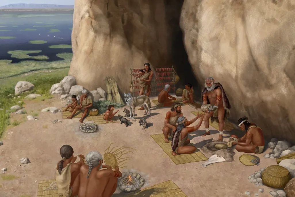 illustration of dogs alongside hunter-gatherer humans
