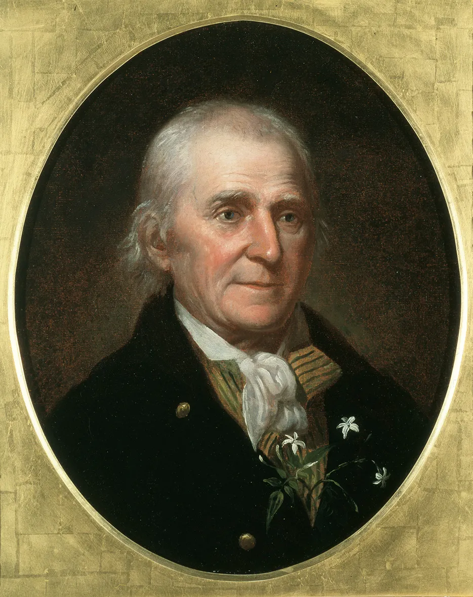 a painted portrait of a man with white hair