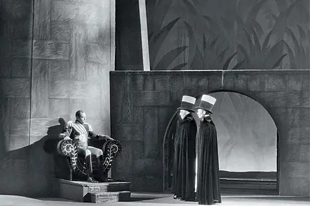 Photograph of Jack Carter (Macbeth), Kenneth Renwick (Second Murderer) and George Nixon (First Murderer) in the Federal Theatre Project production of Macbeth at the Lafayette Theatre, Harlem.