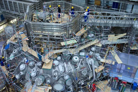 Technicians hard at work are dwarfed by the Wendelstein 7-X stellarator