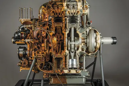 Once a preservative coating was removed, this 1933 Wright XR-2120 cutaway engine’s stark beauty was revealed.