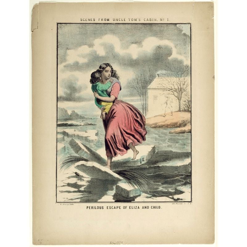 Lithograph depicting a scene  of Uncle Tom’s Cabin, showing the character Elize carrying her child over the frozen Ohio River. The ice cracks beneath Eliza's feet as she runs across, while small figures watch her progress from the far shore in Kentucky