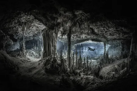 Massive columns and karst formations decorate the vast chamber of Cenote Xulo.