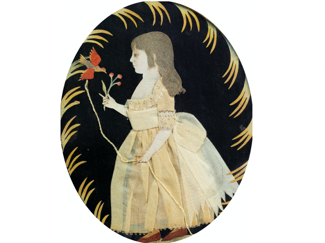 An oval miniature on black silk of a young girl in a pale yellow gown, holding a bright red bird on a rope and a red flower in her hand