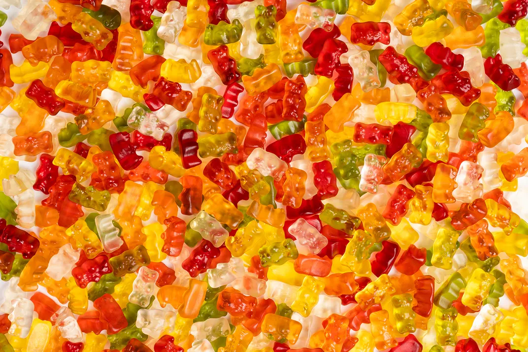 A ton of Haribo Goldbears scattered on a flat surface