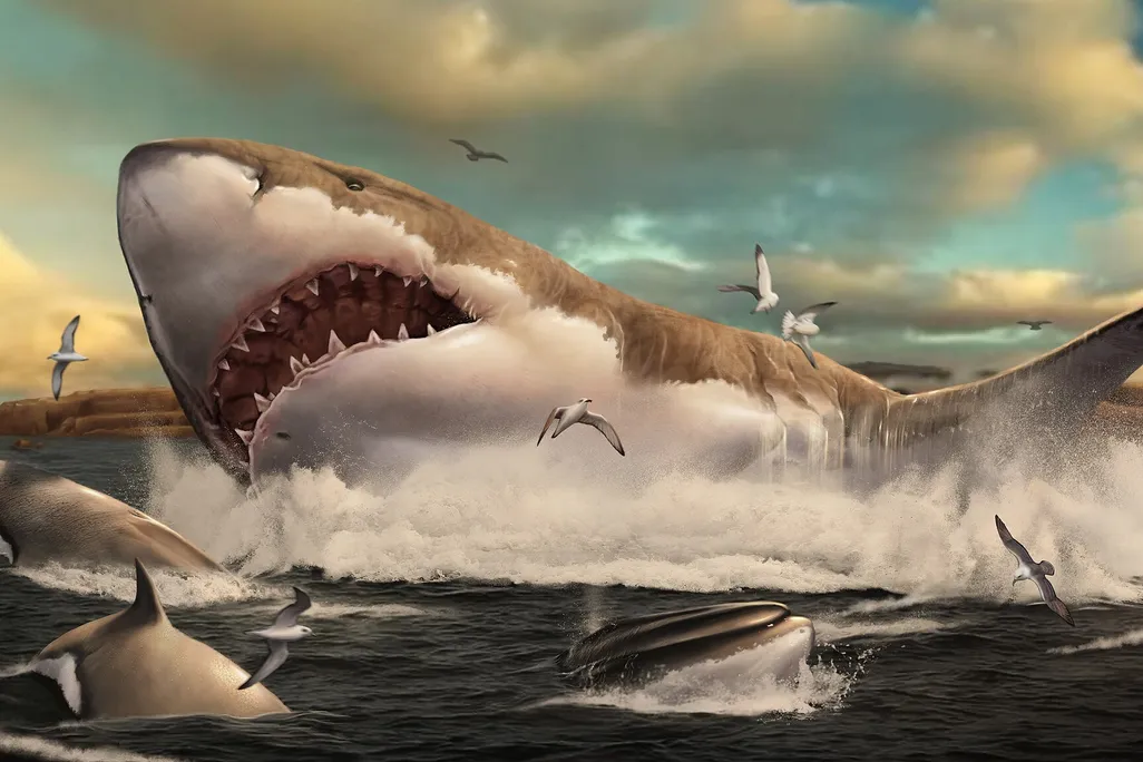 An illustration of a large shark coming out of the water
