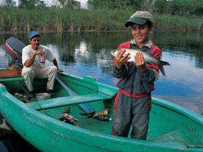 The Hatiguanico River, largely untouched by industry or farming, flows through the Zapata Swamp. Tarpon is the catch of the day.