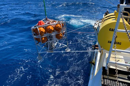 One of the new benthic&nbsp;landers is lowered into the Gulf of Mexico via a system of winches and safety lines. Once released, the autonomous platform sinks at a carefully calculated rate until it lands on the seafloor.