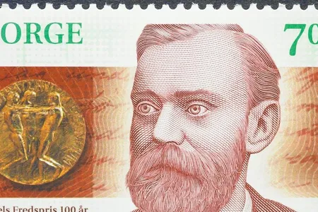 A postage stamp printed in Norway showing an image of Alfred Nobel, circa 2001.
