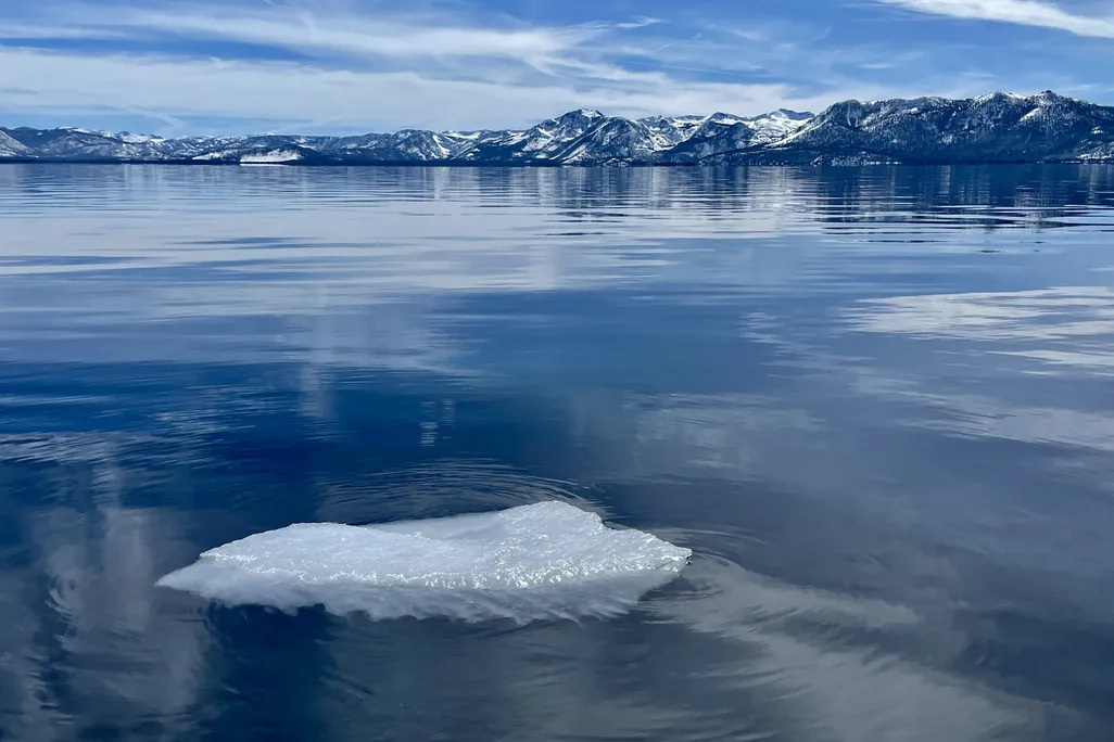 A chunk of ice floating in a lake