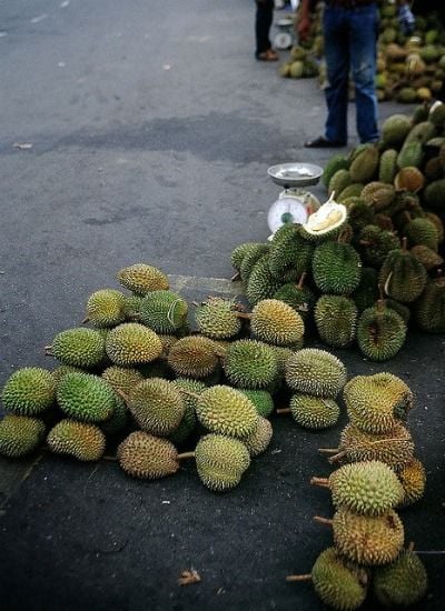 Stacks of durians occupy the streets of Malaysia during the harvest season each spring and summer.