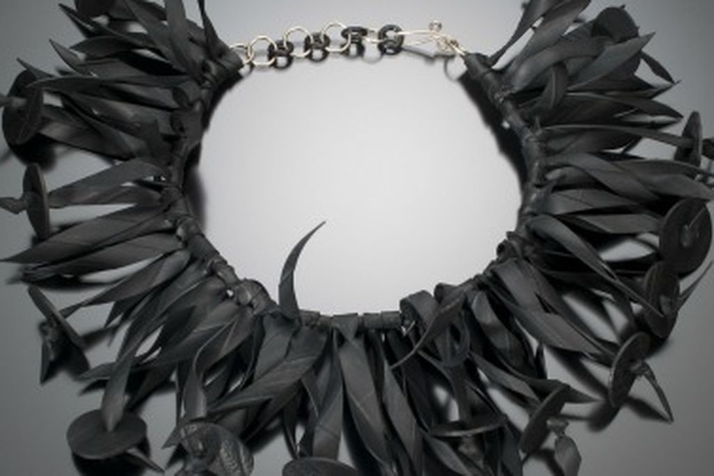 Kathleen Nowak Tucci crafts wearable art from bicycle and motorcycle inner tubes.