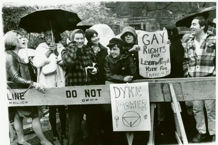 From left to right: Sylvia Rivera, Marsha P. Johnson, Jane Vercaine, Barbara Deming, Kady Vandeurs, Carol Grosberg and others lead a protest at City Hall