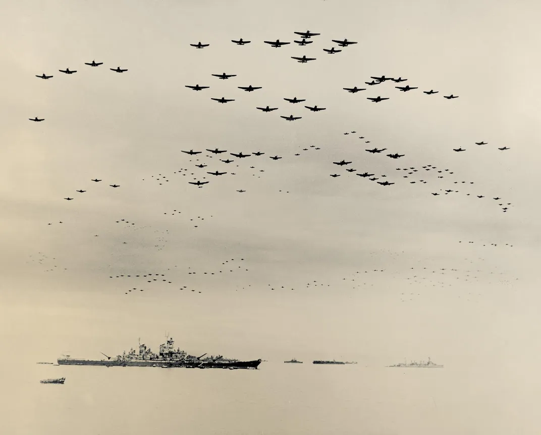 American Fighter Fly in Formation over the Uss Missouri During Surrender  Ceremonies