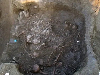 Overhead view of the mass grave, which contains the remains of at least 41 Copper Age people