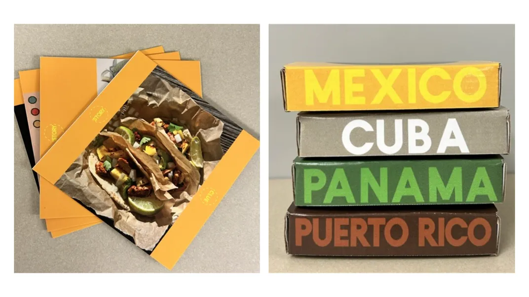 Four cardboard boxes showing theme titles, Mexico in yellow, Cuba in white, Panama in green, Puerto Rico in brown