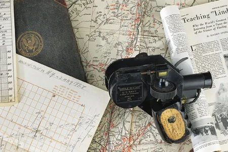 In May 1928, Navy Lieutenant Commander Philip V.H. Weems took Charles Lindbergh on a series of flights to teach him a new way to navigate. Clockwise from left: Lindbergh’s sun lines of position, plotted from Washington, D.C., to New York to Michigan; Weems’ personal log; the bubble sextant used in Lindbergh’s training; an article in Popular Science that documented the lessons; and Weems’ book on line of position.