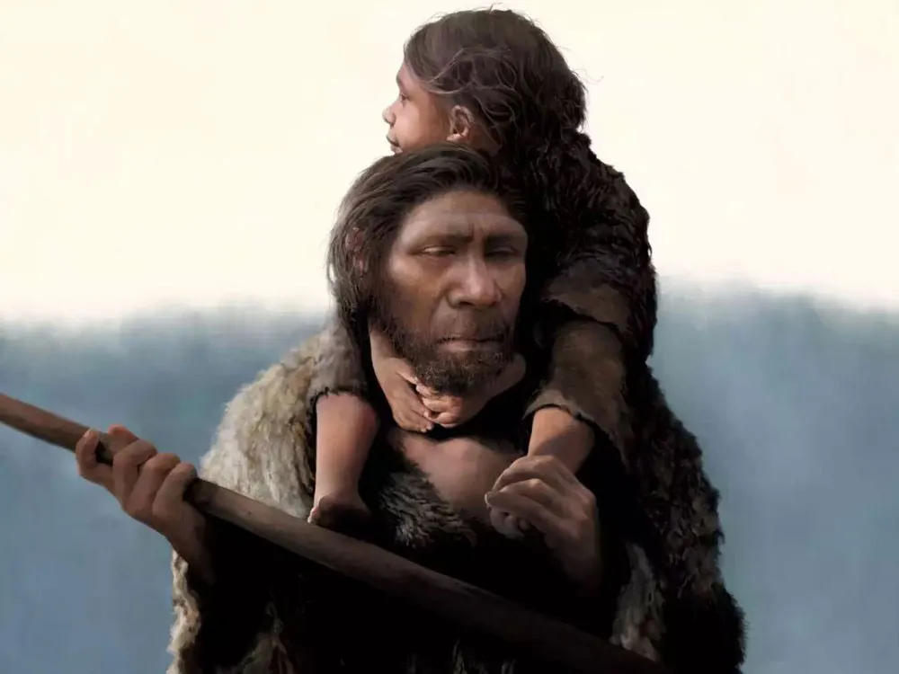 An illustration of a Neanderthal father and his daughter