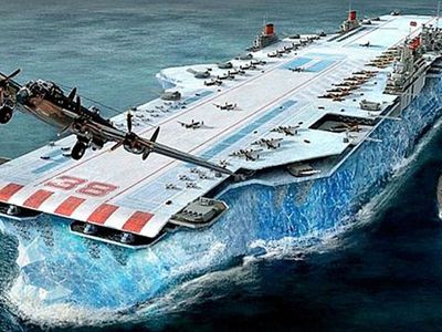 An artist's concept of Geoffrey Pyke's proposed aircraft carrier made of ice.