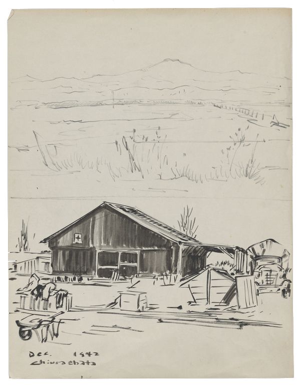 Black and white ink sketch by Obata showing a building with the symbol of the Red Cross, and Army truck, and various farming tools and small shed structures, with a field and mountains in the background. 