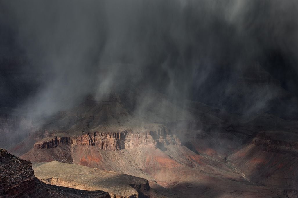 Dark, cloudy rainstorm over the Grand Canyon