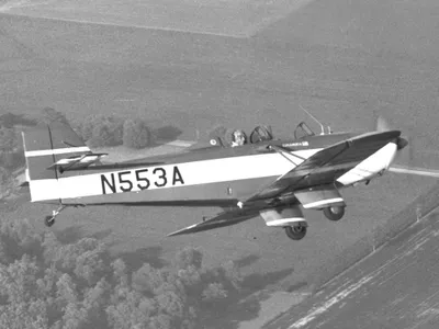 Aircraft designer Neal Loving flying his WR-3 near Springfield, Ohio.