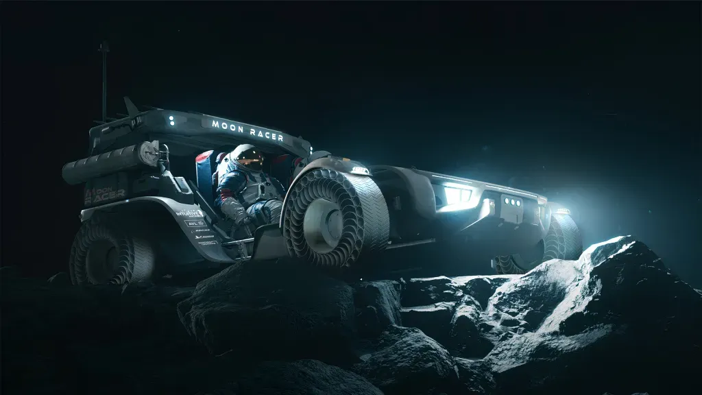 An artist's concept of Intuitive Machines' moon buggy, featuring a fully suited astronaut sitting in the driver's seat
