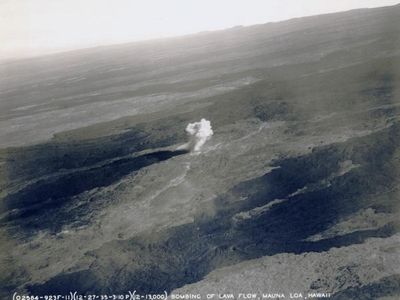 This image depicts one of 20 demolition bombs dropped in 1935 in an attempt to divert lava flow.