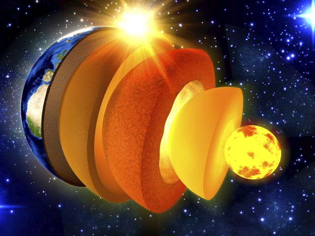 An artist&#39;s rendition of a cross-section of Earth. The innermost layer, the inner core, is a 1,500-mile-wide ball of iron.