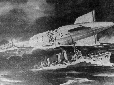 Associated Press staff illustrator Noel Sickles&#39;s &quot;artist&#39;s conception&quot; of the crash of the USS&nbsp;Macon&nbsp;into the Pacific Ocean on 12 February 1935.