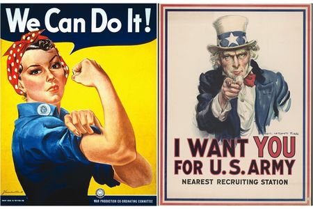 Rosie the Riveter by J. Howard Miller, 1942; Uncle Sam by J. M Flagg, 1917