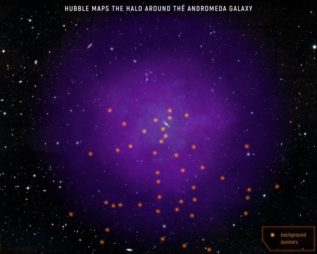 A purple cloud, which shows Andromeda's gaseous halo, with 43 bright orange dots scattered throughout indicating the quasars that scientists used to learn more information about the halo's size, structure and composition