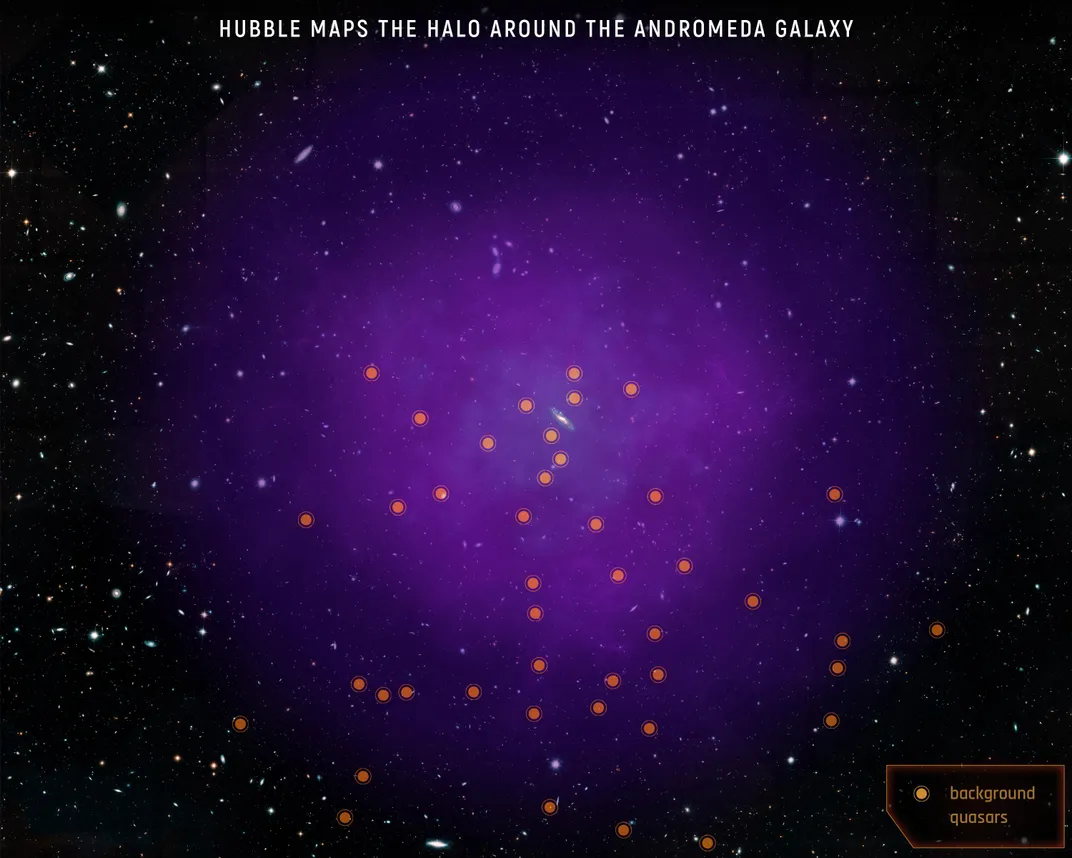 A purple cloud, which shows Andromeda's gaseous halo, with 43 bright orange dots scattered throughout indicating the quasars that scientists used to learn more information about the halo's size, structure and composition