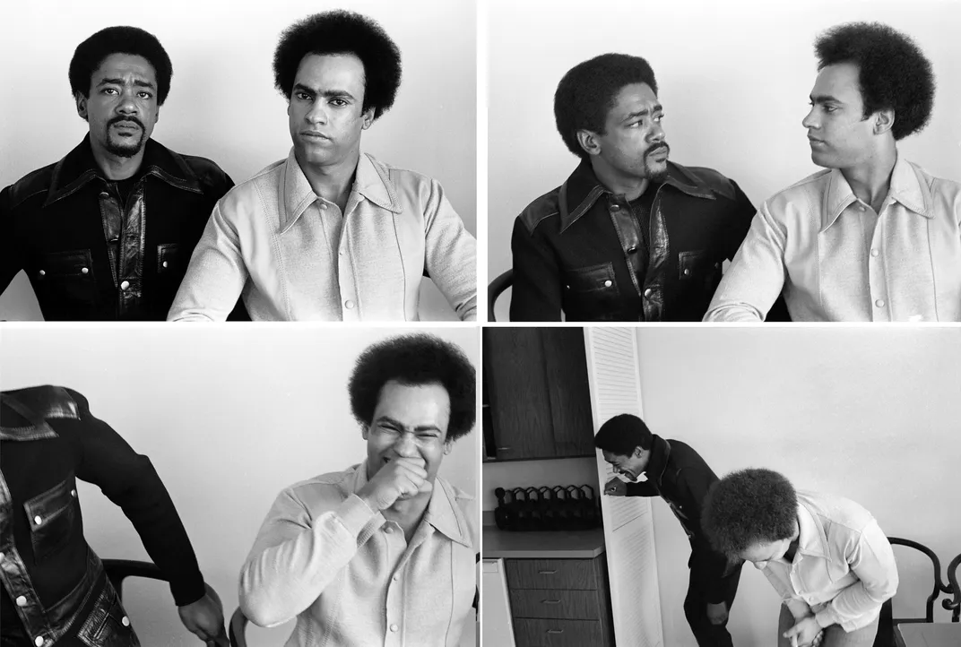 Bobby Seale (left) and Huey P. Newton (right) laugh in a series of photos captured by Shames.