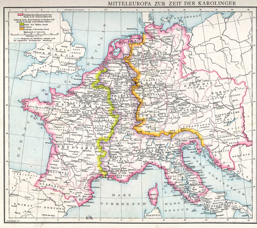 A map of the Carolingian Empire's borders at its height in 814 C.E. and its partition in 843