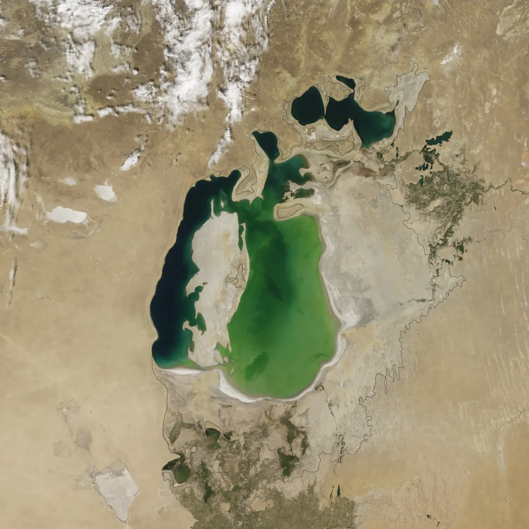 The Aral Sea in 2010. <a href="http://earthobservatory.nasa.gov/Features/WorldOfChange/aral_sea.php">NASA Earth Observatory</a>