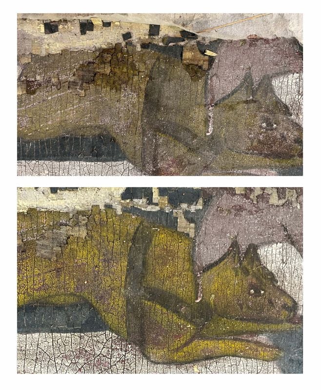 Two images showing the before and after affects of conservation on one part of the panel's artwork, showing a yello cartoon dog posed mid-leap