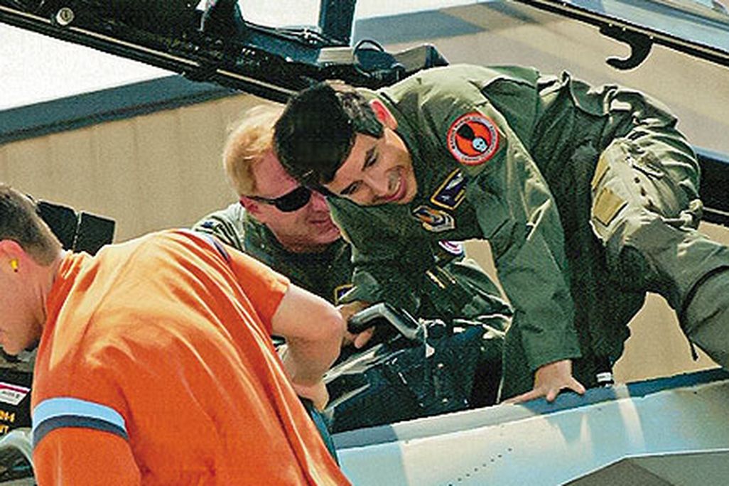 Mark Lewis shown here exiting an F-15.