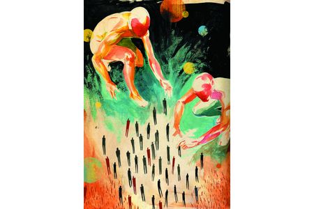 The watercolor above is an East African myth: Juok the Creator (shown twice) molding Egyptians from reddish brown clay and Southern Sudanese from the black earth. MacMillan says this image came faster than any of the others, "I literally did the entire thing in an hour and a half, just at home with no prior planning or sketching."
