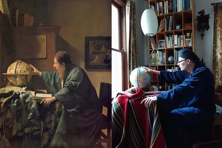 Johannes Vermeer's The Astronomer, 1668, (left) and recreation by Zumhagen-Krause and her husband featuring tray table, blanket and globe (right)