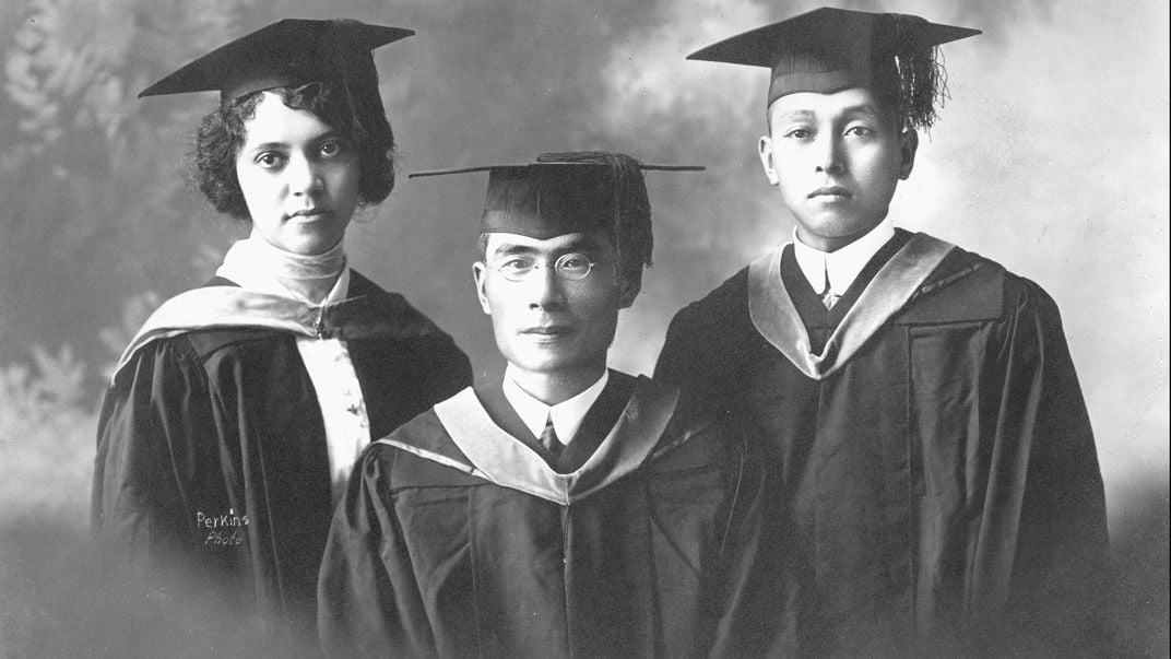 Ball (left) with College of Hawaiʻi classmates Yakichi Katsunari (center) and Tomoso Ima (right)