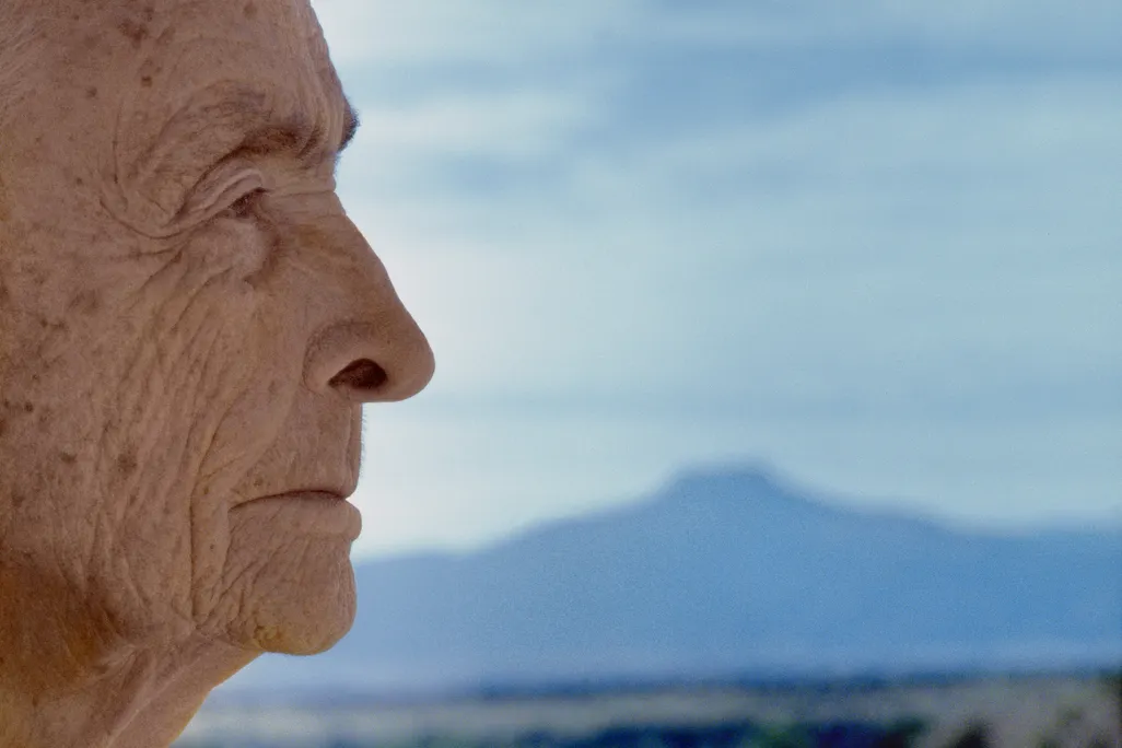 Georgia O'Keeffe pictured with New Mexico in background.