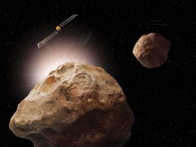 Can humanity play billiards across seven million miles of space? NASA is dispatching the DART spacecraft to smack a moonlet (foreground), shoving it into a new orbit around its asteroid.