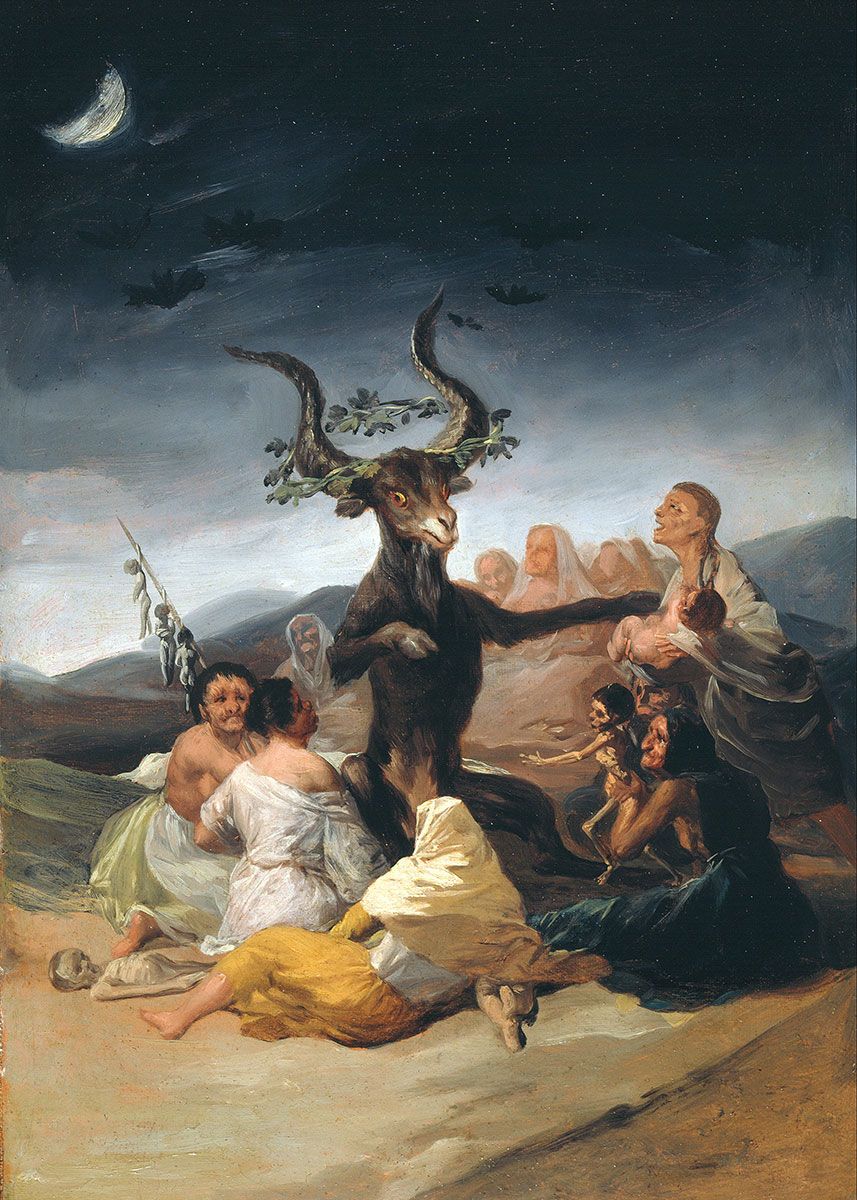 Oil painting of a circle of women joining a beastly demon character under a crescent moon.