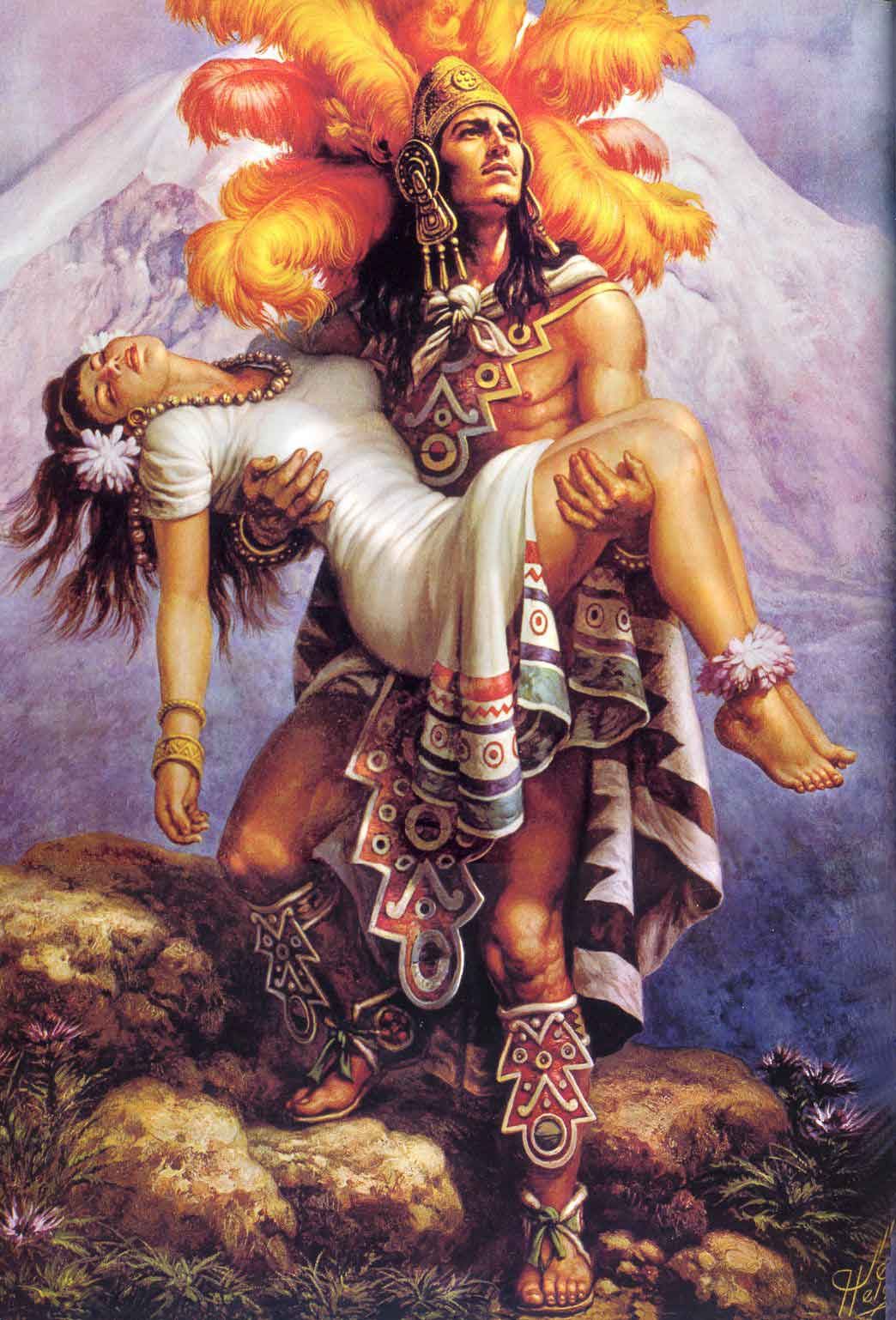 A painting of an Aztec man holding a woman
