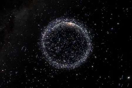Artist’s impression of satellites and debris in low-Earth orbit. Currently 70 percent of all cataloged objects are in low-Earth orbit, which extends to 2000 km above the Earth’s surface.
