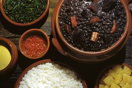 The colorful components of feijoada. 