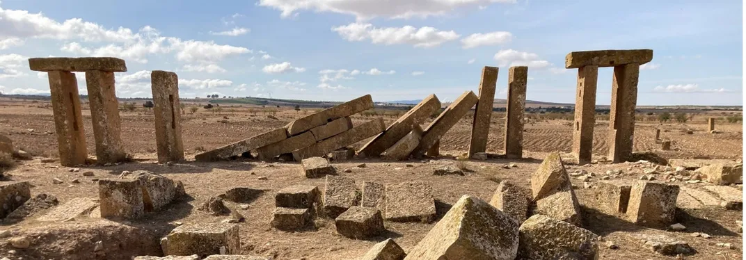 View of towers and rocks at an archaeological site